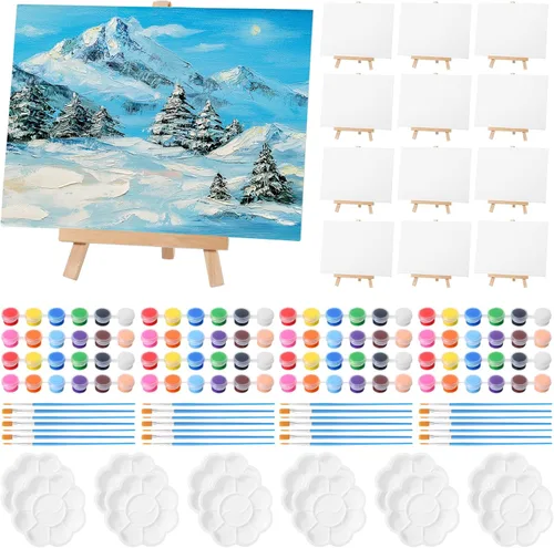 Miniatura 6 de Qilery Juego de 12 piezas de pintura en lienzo, mini lienzo con caballetes de madera, tiras de pinturas acrílicas, pinceles, paleta, juego de arte