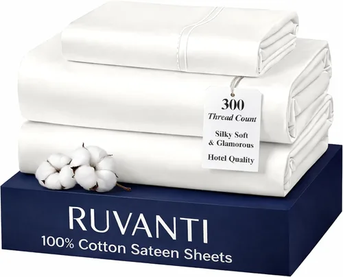 Miniatura 51 de RUVANTI Juego de sábanas de 100 % algodón tamaño matrimonial, tejido de satén suave y sedoso de 300 hilos, refrescante, ligero y transpirable, Beige