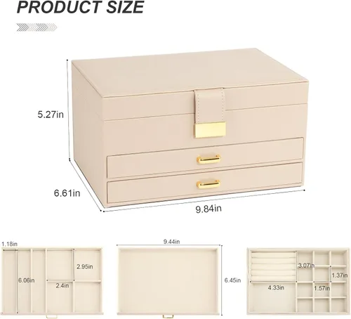 Miniatura 5 de V-LAFUY Organizador de joyas, organizador de joyas medio y almacenamiento, caja de joyería de 3 niveles con 2 cajones, cajas de joyería
