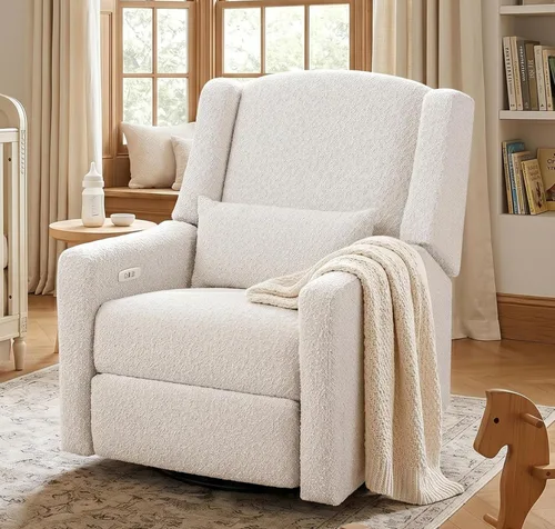 Miniatura 10 de Power Nursery Rocking Chairs Set of 2, Skin-Friendly Teddy Fabric Nursery Recliner Chair Swivel Gilder, Power Nursing Chair for Adults with Waist
