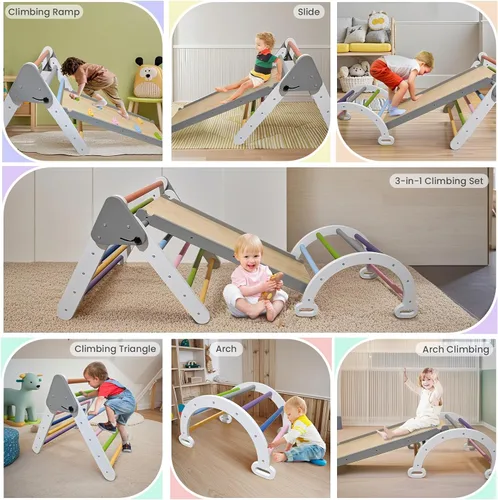 Miniatura 5 de Pikler - Juego de escalada triangular para niños pequeños 7 en 1, juego de escalador de interior de arco iris, plegable, juguete de escalada