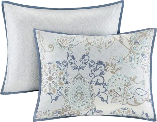 Miniatura 15 de Madison Park Juego de temporada, falda de cama a juego, almohadas decorativas, Queen (90 x 90 pulgadas), Isla, medallón floral azul, 8 piezas