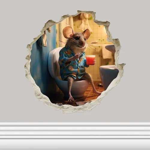Miniatura 11 de Mouse de fútbol en el inodoro en el agujero del ratón, calcomanía de pared 3D, decoración del hogar de dibujos animados, arte de vinilo, estantería