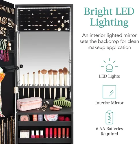 Miniatura 3 de Best Choice Products Armario de joyería con espejo LED, organizador de joyas montado en la pared o en la puerta con espejo, 2 cajones, cerradura