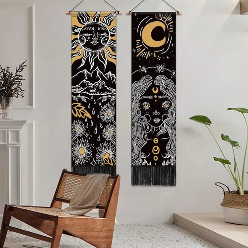 Miniatura 5 de ARTCREATOR Paquete de 2 tapices de sol y luna para colgar en la pared, tapiz estético vertical, arte misterioso, tapices largos para habitación