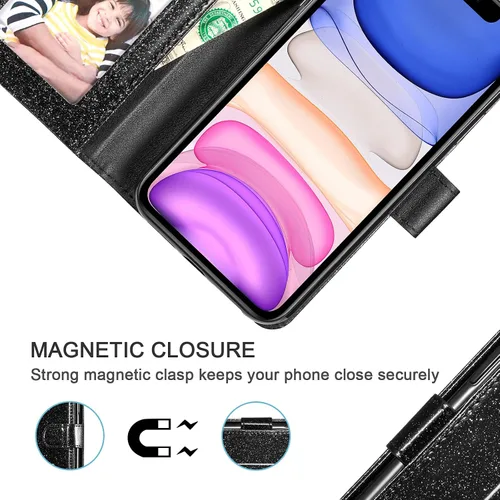 Miniatura 5 de UEEBAI Funda tipo cartera para iPhone 11, funda de piel sintética con purpurina para teléfono, ranuras para tarjetas, funda con función atril