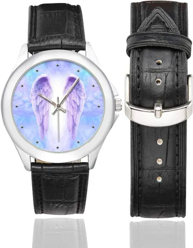 Miniatura 2 de InterestPrint Lila alas de ángel con luz blanca Reloj de correa de cuero negro impermeable para mujer, Diseño #3