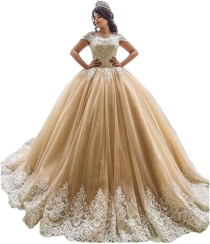 XYAYE Vestidos de quinceañera con hombros descubiertos, vestidos de baile de tul hinchados con encaje de tren, vestido largo de graduación para mujer