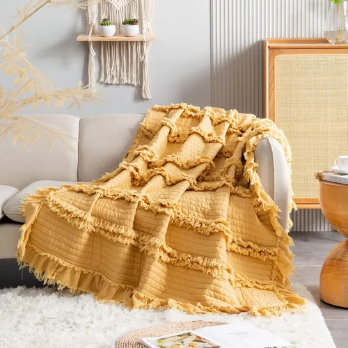 Miniatura 2 de Manta de Tiro Acolchada Ultra Suave Prelavada y Cálida, Manta Decorativa Bohemia Amarilla con Flecos Ondulados, Manta Rústica Elegante Lavada a