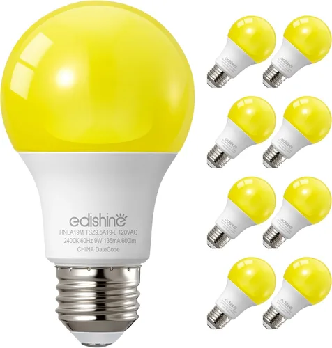 EDISHINE Bombillas amarillas A19, 9 W (equivalente a 60 W), 600 lm 2400 K ámbar Glow bombillas para exteriores, no regulables, base media E26,
