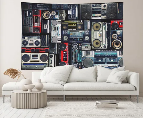 Miniatura 4 de Telón de fondo vintage de los años 80 de 7 x 5 pies, pared retro llena de radio Boombox de los 80 estilo fondo para amplificador antiguo de video