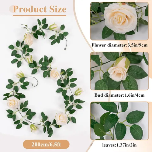 Miniatura 3 de U'Artlines Paquete de 3 Enredaderas de Rosas Champán Artificiales Guirnaldas Florales Total 19.5 Pies Guirnalda de Flores de Seda de Enredadera