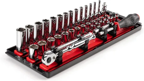 TEKTON SKT03201 - Juego de llaves de vaso de 6 puntos y trinquete con rieles y bandeja de 1/4 de pulgada, 35 piezas (4-15 mm)