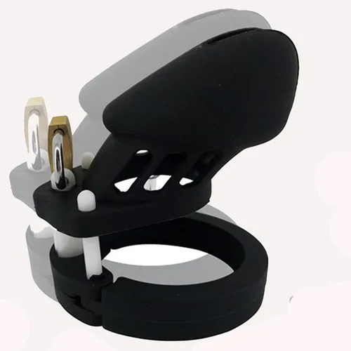 Miniatura 4 de Dispositivo de castidad masculino de silicona suave con 5 anillos, dispositivo de jaula de castidad masculina de color negro con cerradura y llave
