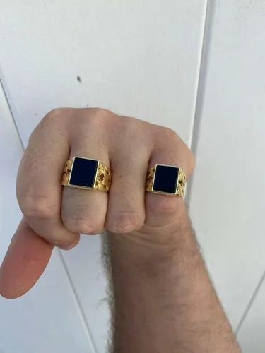 Miniatura 4 de Anillo de oro de 14 quilates sobre plata de ley 925 maciza real, anillo de ónix negro natural, anillo rectangular de hip hop, precioso anillo