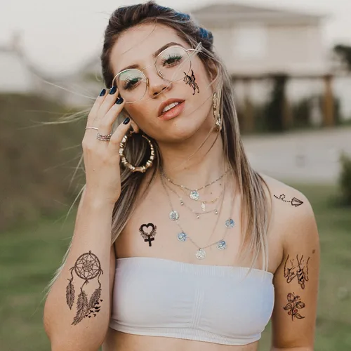 Miniatura 2 de Yazhiji 60 hojas de tatuajes temporales impermeables pequeños, luna, estrellas, constelaciones, música, brújula, ancla, palabras, líneas, flores