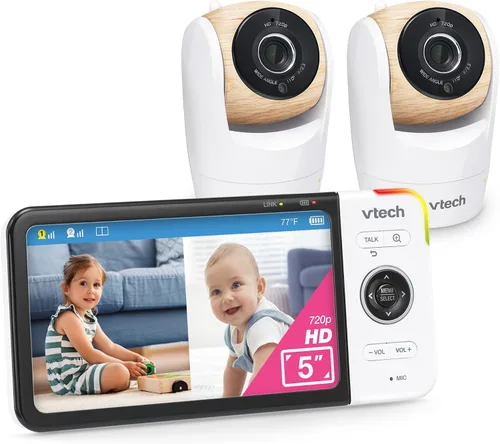 VTech VM928-2HD - Monitor de bebé con pantalla HD de 720p de 5 pulgadas y 2 cámaras, vista de ángulo amplio de 110°, panorámica/inclinación/zoom