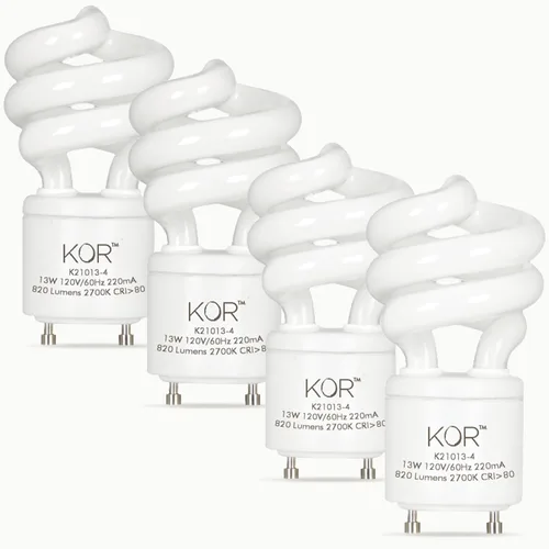 KOR Paquete de 4 bombillas mini en espiral de 13 vatios - Base GU24 - (equivalente a 60 W) - T2 Mini-Twist - Bombilla CFL (blanco cálido (2700 K),