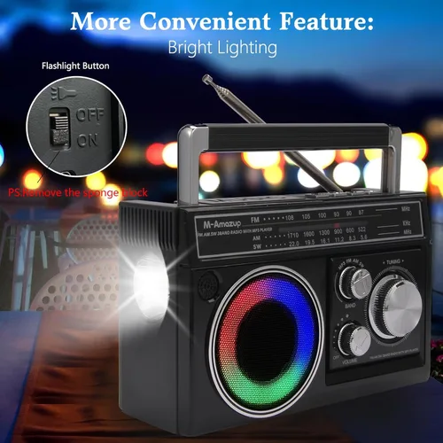 Miniatura 3 de Radios portátil AM FM, radio portátil retro con altavoz Bluetooth y linterna, recepción fuerte con luces de humor coloridas, tarjeta TF, energía