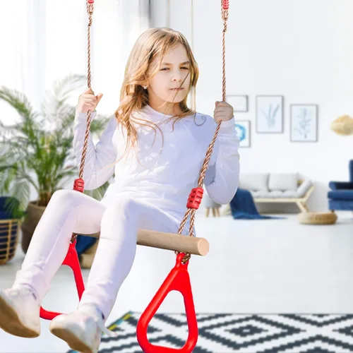 Miniatura 8 de PELLOR - Barra de trapecio de madera para juegos infantiles con anillos de gimnasio de plástico, juego de columpio para diversión en interiores