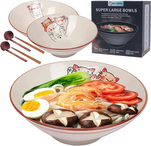 NJCHARMS Juego de 2 cuencos de cerámica para ramen, cuencos de sopa de fideos japoneses de 42 onzas con cucharas y palillos para sopa de ramen,