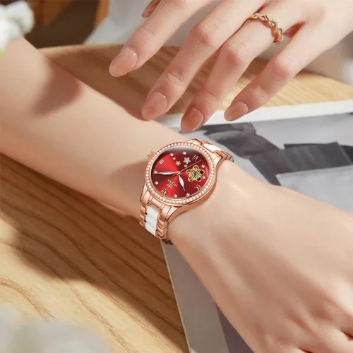 Miniatura 7 de OLEVS Relojes para mujer, reloj automático de lujo, correa de cerámica, oro rosa, reloj de pulsera para mujer