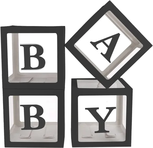 Sooyee Cajas de bebé transparentes negras con letras para baby shower, decoración de baby shower, fiesta de cumpleaños, cajas de globos Negro