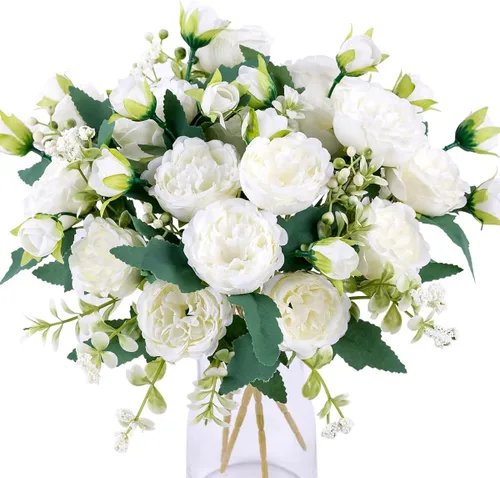 Miniatura 8 de Floweroyal 4 Ramos de Flores Artificiales de Peonía Color Champán, Ramos de Peonías de Seda para Bodas, Fiestas, Centros de Mesa de Mesa, Arreglos