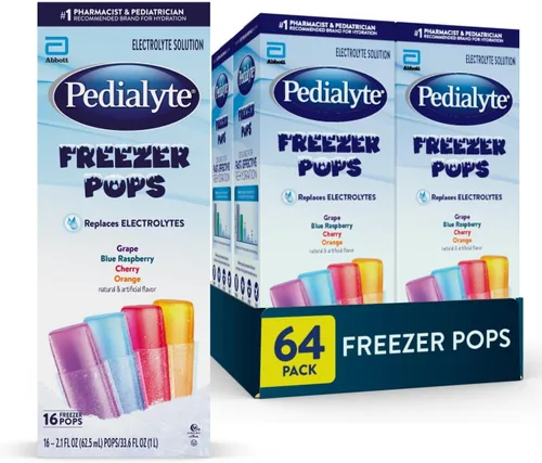 Pedialyte Paletas congeladoras con solución de electrolitos, paquete variado de hidratación, uva, frambuesa azul, cereza, naranja, paquete de 64