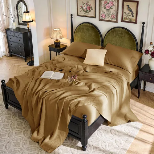 Miniatura 21 de SONORO KATE Sábanas de cama de lino francés 100% puro, tamaño Queen, sábanas de cama de lino transpirables y duraderas, antidesgarro, lavables a