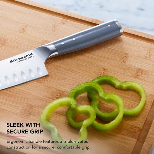 Miniatura 4 de KitchenAid Cuchillo Santoku forjado gourmet con cubierta de hoja de ajuste personalizado, cuchillo de cocina afilado, hoja de acero inoxidable Gris