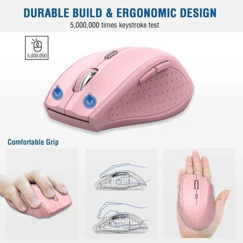 Miniatura 4 de E-YOOSO Ratón inalámbrico para portátil, ratón óptico portátil para computadora, 6 botones, inalámbrico 2.4GHz con receptor USB, 4800 DPI de 5 Rosa