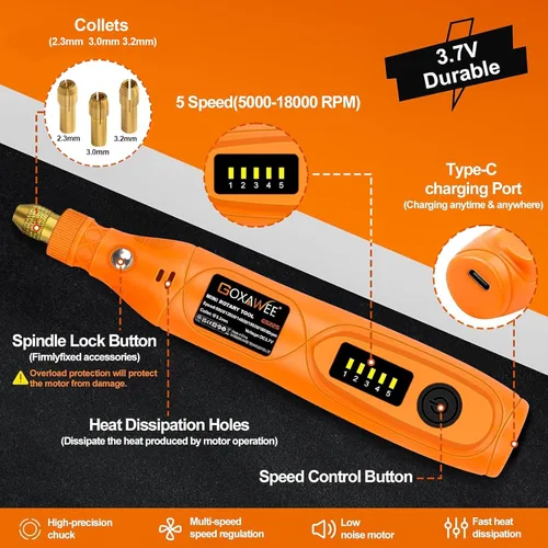 Miniatura 2 de GOXAWEE Mini kit de herramientas rotativas inalámbricas con 105 accesorios, carga USB, 5 velocidades, 18000 rpm, herramienta de manualidades