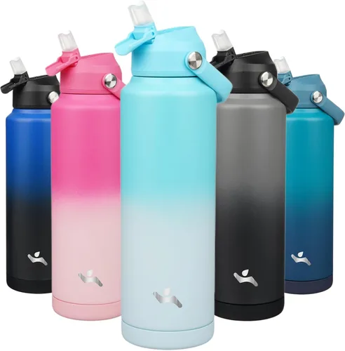Miniatura 50 de Konokyo Botella de agua aislada con tapa de pajilla, botella de metal al vacío de acero inoxidable de 18 onzas con mango de silicona, color negro