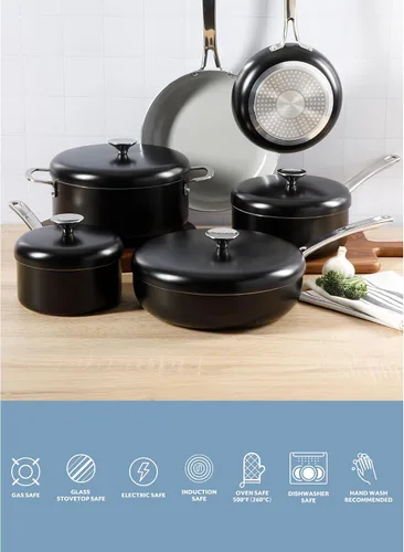 Miniatura 4 de Sur La Table Esenciales de Cocina Potluck Porch Juego de 10 piezas de ollas y sartenes de cerámica antiadherente libre de PFA con interior de Negro