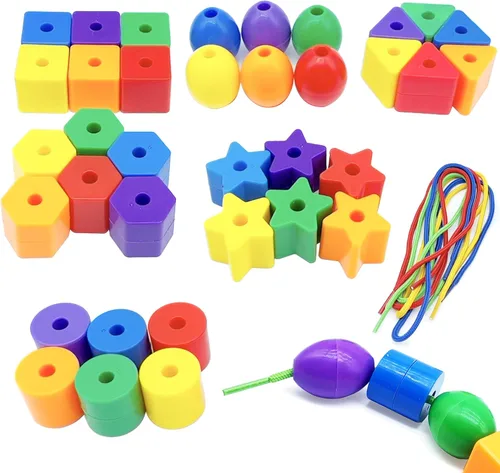 KUTOI Juguetes para niños pequeños – Juego de cuentas grandes con cordones para habilidades motoras finas y coordinación ojo-mano – 36 cuentas y 6
