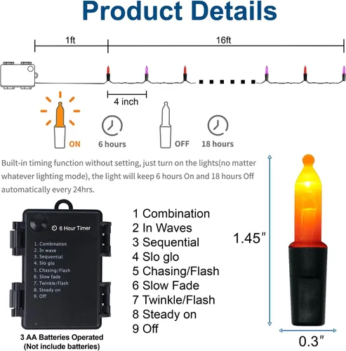 Miniatura 3 de WATERGLIDE - 50 luces LED de Halloween para uso al aire libre de 16 pies, tira de luces con 8 modos, tamaño mini, luces impermeables para árbol