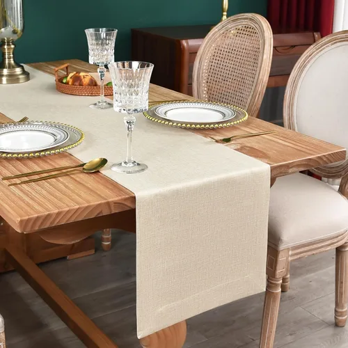 Miniatura 8 de NEWISHER Camino de mesa rústico de granja, color beige sólido, camino de mesa rectangular de lino sintético para uso diario, cocina, comedor, mesa