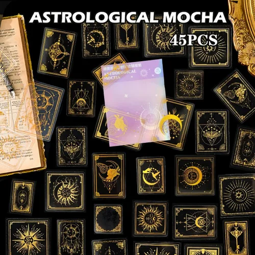 Miniatura 6 de YASMEN Paquete de 45 calcomanías para niños, paquete de calcomanías de astrología doradas transparentes, calcomanías de resina, kits de manualidades
