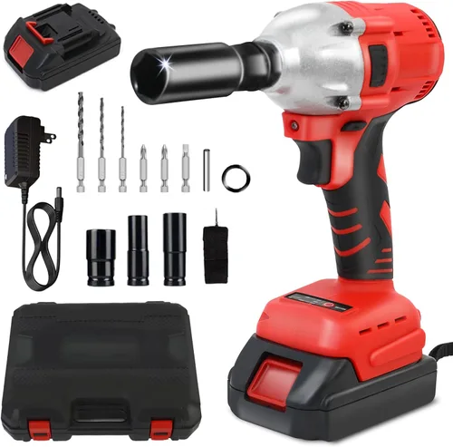 ALSO GO Llave de impacto inalámbrica de 20 V de 1/2 pulgada, pistola de impacto eléctrica 450 N.m/330 pies, con batería de 2000 mAh y cargador