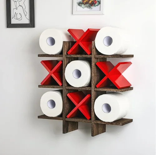 Miniatura 22 de Weysat Soporte de Papel Higiénico Tic Tac Toe Decoración de Pared de Baño Almacenamiento Colgante de Madera Rústica Estantes Independientes Montados