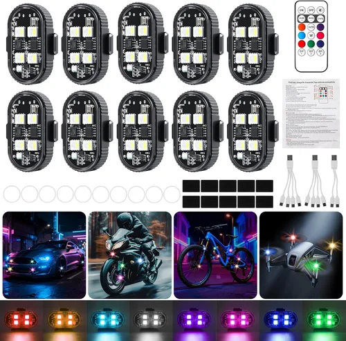 10 luces estroboscópicas LED inalámbricas de 4 LED con control remoto, 8 colores de alto brillo USB-C, recargable, impermeable, anticolisión, luces