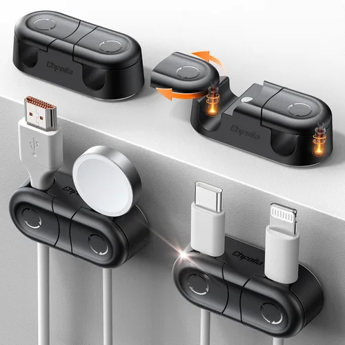 Clips Magnéticos para Cables - Chfeila Paquete de 4 [Doble Ranura] [Rotación 360° y Bloqueo por Torsión] Gestión de Cables, Soporte Adhesivo para