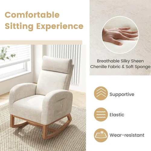 Miniatura 5 de Giantex Mecedora para guardería, silla mecedora tapizada de felpilla con bolsillo lateral, marco de madera de goma natural, respaldo alto, sillón