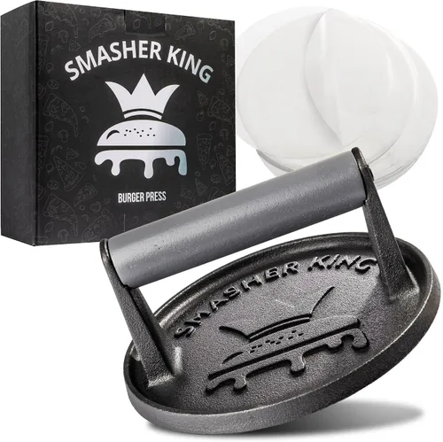 Miniatura 8 de SMASHER KING™ - Prensa de hamburguesa premium de hierro fundido con 25 piezas de papel para hamburguesas, prensa de hamburguesas para plancha