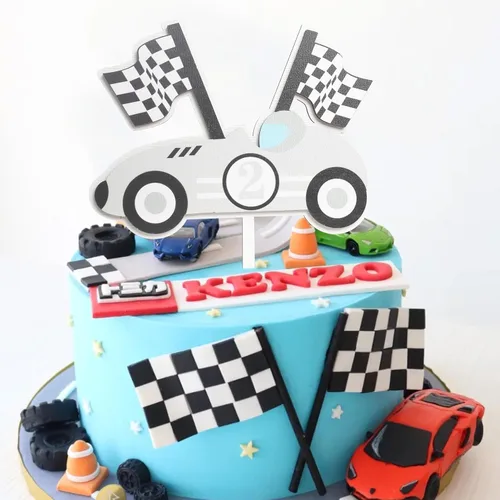 Miniatura 4 de Decoración para pastel de segundo cumpleaños de madera para bebé, decoración de pastel de cumpleaños de auto de carreras, decoración de pastel de 2