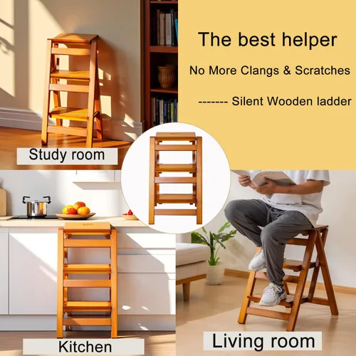 Miniatura 4 de Latifolia Escalera plegable de 3 escalones, taburete de madera con protector de suelo, estante decorativo para sala de estar, cocina, jardín (nogal)