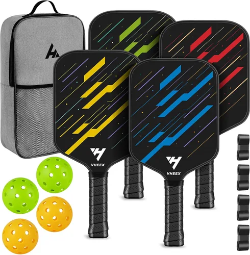 Juego de 4 palas de pickleball de fibra de carbono de 0.63 pulgadas, ligeras, silenciosas, para interiores y exteriores, equipo de pickleball con 4