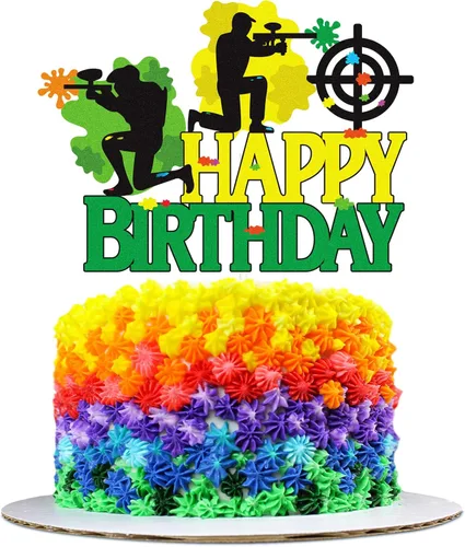 Paintball - Decoración colorida para tartas de feliz cumpleaños, juego de disparos de feliz cumpleaños, suministros de fiesta de paintball para niños