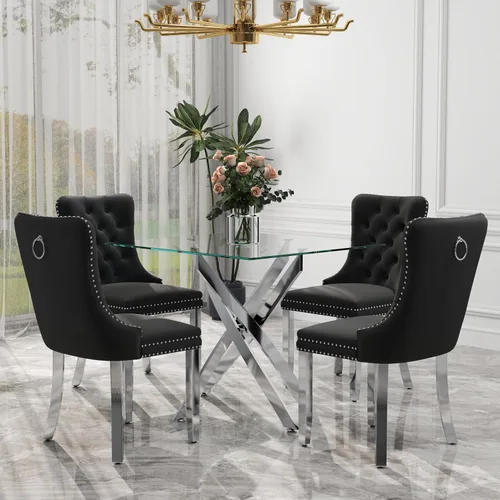 Miniatura 23 de Juego de comedor de 3 piezas con superficie de vidrio transparente, juego de comedor cuadrado minimalista moderno de 36'', juego de mesa de cocina